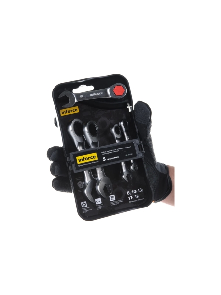 Набор компактных комбинированных трещоточных ключей 5 предметов Inforce, Сталь Cr-V, 8-19мм, профессиональный, 72зуба, 06-05-104