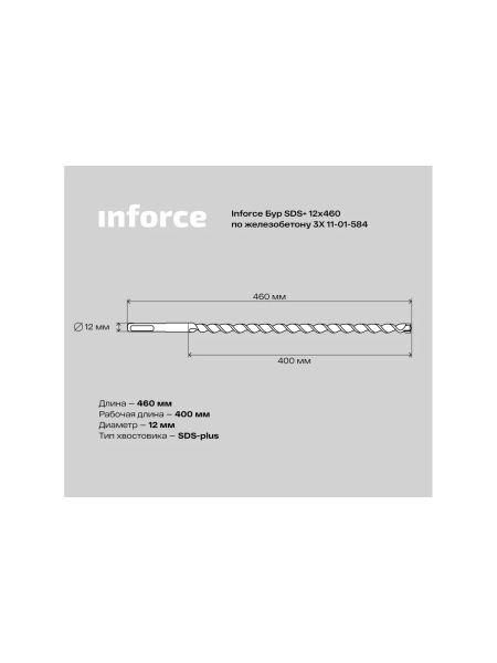 Бур по железобетону 3X (12х460 мм; SDS+) Inforce 11-01-584
