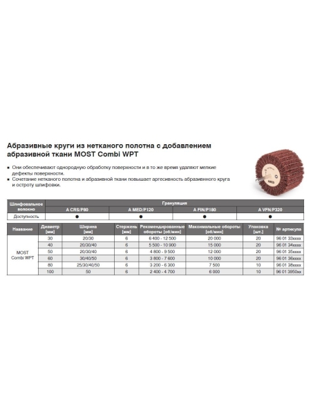 Абразивные круги из нетканого полотна 40x20x6 MOST Combi WPT