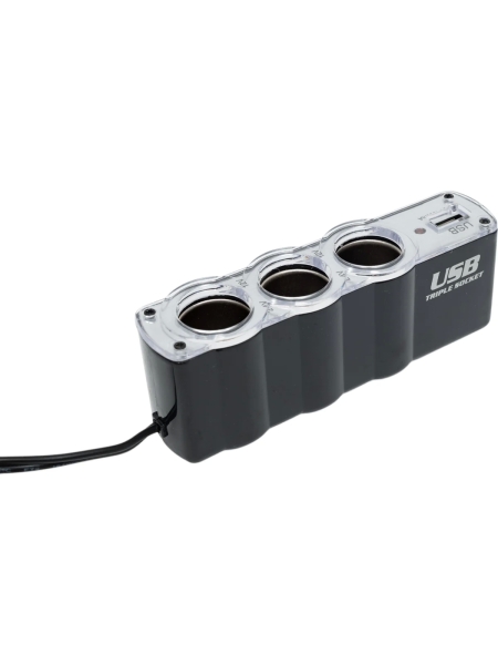 Разветвитель прикуривателя Nord-Yada 3 гнезда, USB с проводом 65 см в блистере 902945