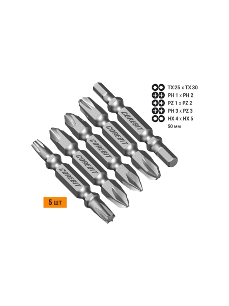 Набор бит двухсторонних (5 шт; Ph1xPh2, Pz1xPz2, Ph3хPz3, Tx25xTx30, Hex4xHex5; 50 мм; карта) NOX 336012