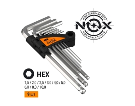 Набор ключей Nox угловых шестигранных имбусовых 9 шт. 1,5-10мм средн. длины, хром-ван. сталь  556910