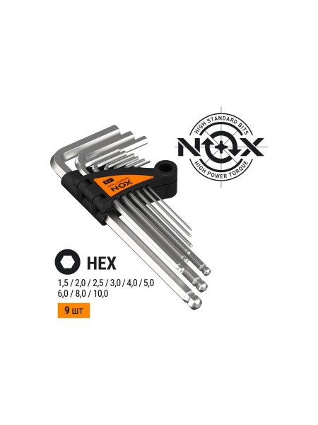 Набор ключей Nox угловых шестигранных имбусовых 9 шт. 1,5-10мм средн. длины, хром-ван. сталь  556910