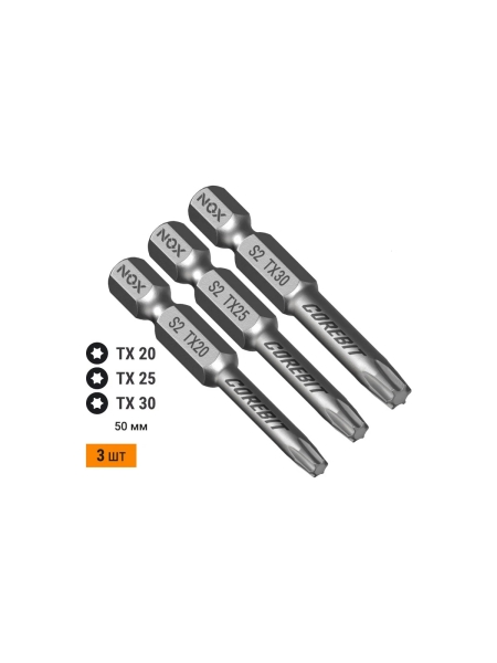 Набор бит (3 шт; Tx20, 25, 30; 50 мм; карта; E6.3) NOX 336009