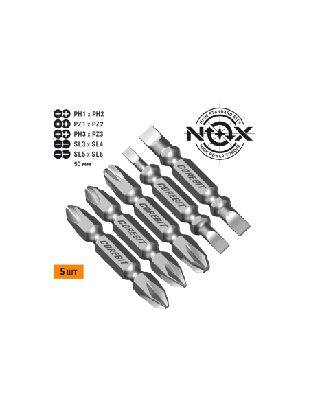 Набор бит двухсторонних (5 шт; Ph1xPh2, Pz1xPz2, Ph3xPz3, Sl3xSl4, Sl5xSl6; 50 мм; карта) NOX 336011