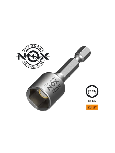 Ключ-насадка магнитная NUT SETTER 12x48 мм, 20 шт, упаковка ПВХ NOX 551220