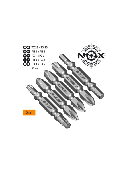 Набор бит двухсторонних (5 шт; Ph1xPh2, Pz1xPz2, Ph3хPz3, Tx25xTx30, Hex4xHex5; 50 мм; карта) NOX 336012