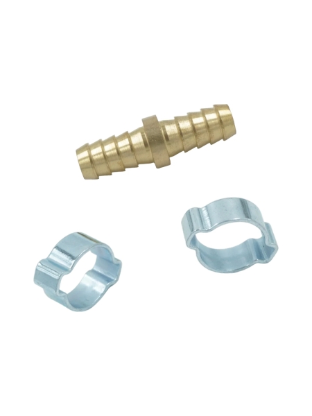 Штуцер соединительный латунный елочка-елочка 10x10 мм, 2 обжимных оцинкованных стальных хомута Optimus OPT-71010HH