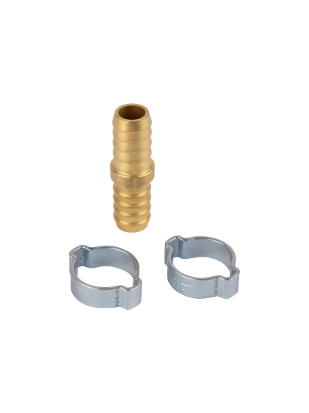 Штуцер соединительный латунный елочка-елочка 12x12 мм, 2 обжимных оцинкованных стальных хомута Optimus OPT-71212HH
