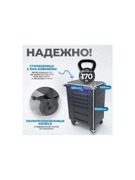 Тележка инструментальная Optimus 7 полок с набором инструментов 298 пр, столешница с EVA покрытием OPT-717E