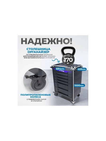 Тележка инструментальная Optimus 7 полок с набором инструментов 298 пр, пластиковая столешница OPT-717P
