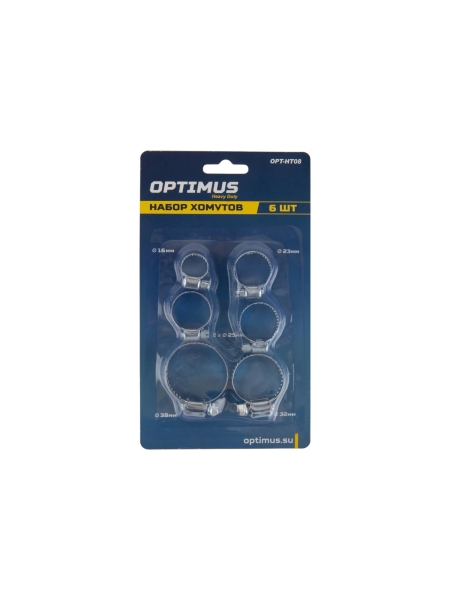 Хомуты червячные Optimus набор 6 шт. 10-38 OPT-HT08