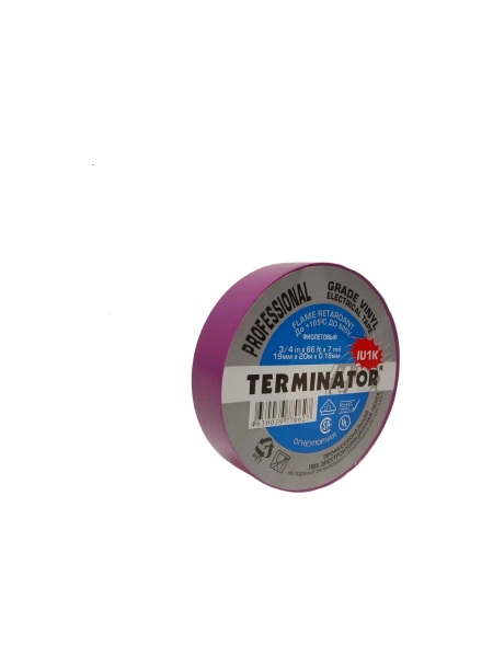 Изолента Terminator Iu1k фиолетовая, ПВХ, огнеупорная, всепогодная, 0.18 мм, 19 мм, 20 м 2000827