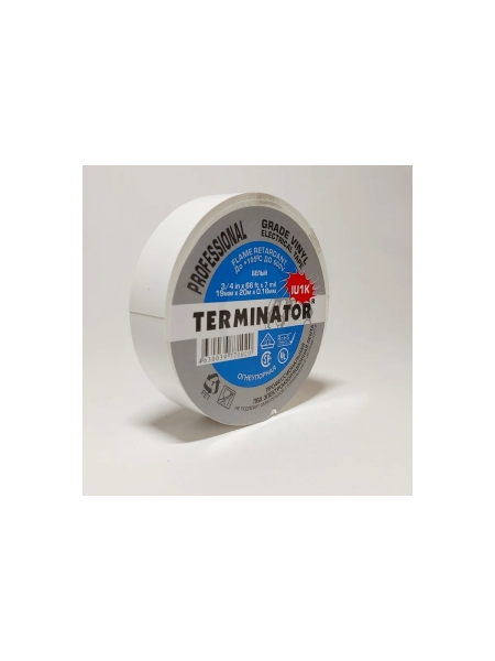 Изолента Terminator Iu1k белая, ПВХ, огнеупорная, всепогодная, 0.18 мм, 19 мм, 20 м 2000828