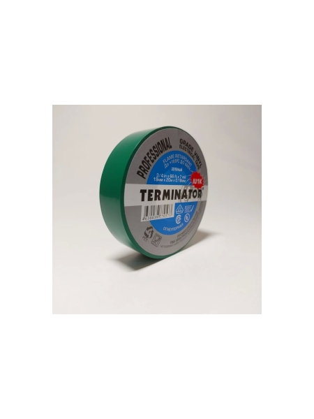 Изолента Terminator Iu1k зеленая, ПВХ, огнеупорная, всепогодная, 0.18 мм, 19 мм, 20 м 2000825