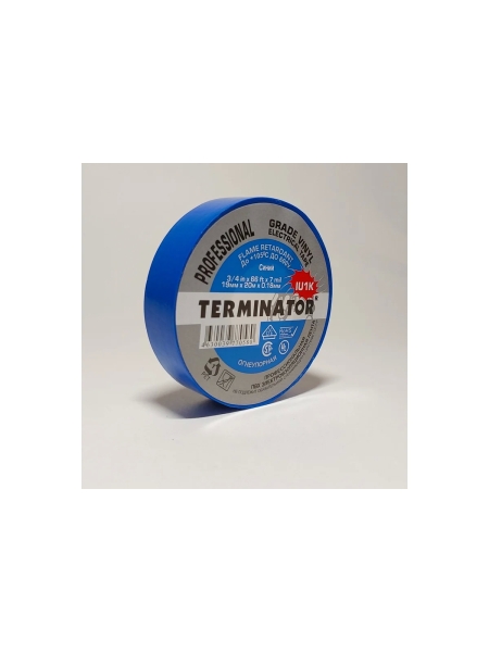 Изолента Terminator Iu1k синяя, ПВХ, огнеупорная, всепогодная, 0.18 мм, 19 мм, 20 м 2000821