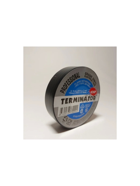 Изолента Terminator Ic6p черная, ПВХ, супер премиум класса, огнеупорная, самозатухающая, всепогодная, 0.18 мм, 19 мм, 20 м 2000326