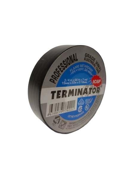 Изолента Terminator Ic6p черная, ПВХ, супер премиум класса, огнеупорная, самозатухающая, всепогодная, 0.18 мм, 19 мм, 20 м 2000326
