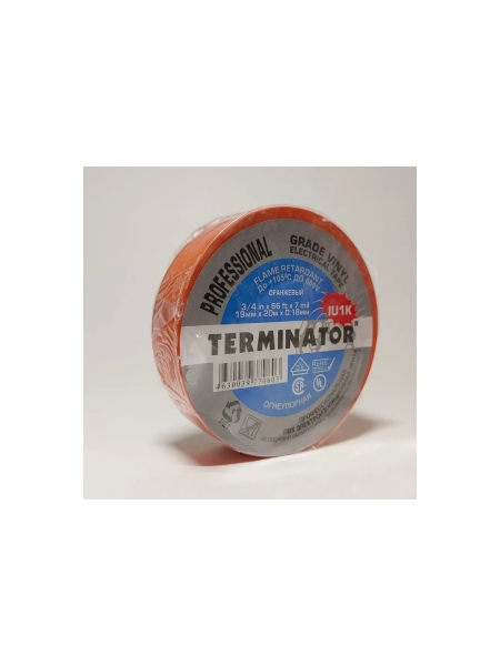 Изолента Terminator Iu1k оранжевая, ПВХ, огнеупорная, всепогодная, 0.18 мм, 19 мм, 20 м 2000823