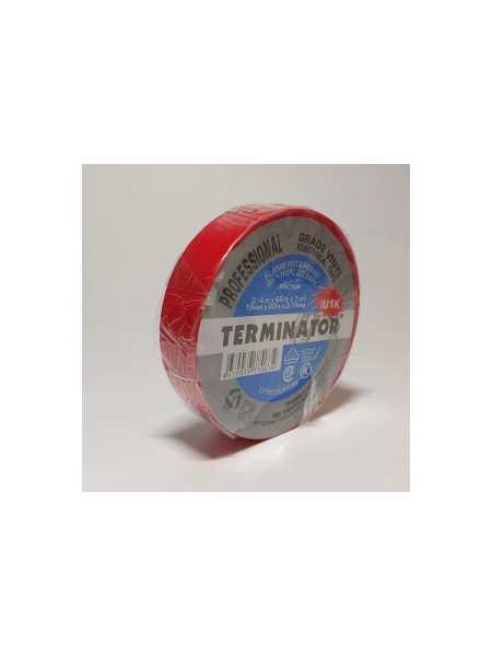 Изолента Terminator Iu1k красная ПВХ, огнеупорная, всепогодная, 0.18 мм, 19 мм, 20 м 2000822