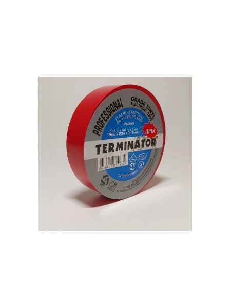 Изолента Terminator Iu1k красная ПВХ, огнеупорная, всепогодная, 0.18 мм, 19 мм, 20 м 2000822