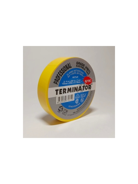 Изолента Terminator Iu1k желтая, ПВХ, огнеупорная, всепогодная, 0.18 мм, 19 мм, 20 м 2000824