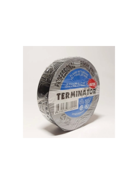 Изолента Terminator Iu1k черная, ПВХ, огнеупорная, всепогодная, 0.18 мм, 19 мм, 20 м 2000325