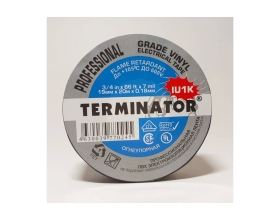 Изолента Terminator Iu1k черная, ПВХ, огнеупорная, всепогодная, 0.18 мм, 19 мм, 20 м 2000325
