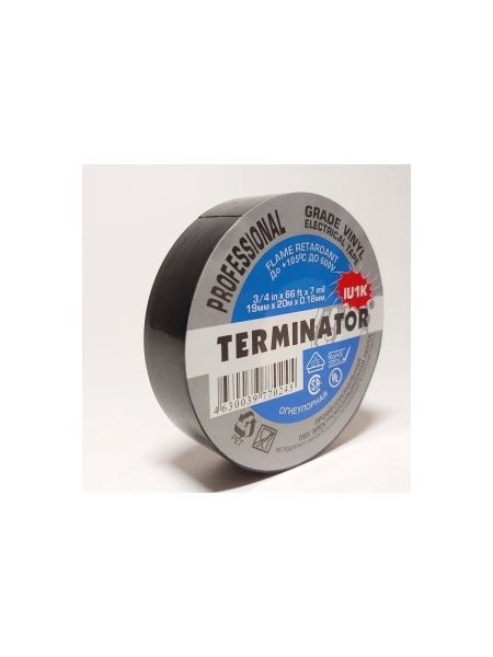 Изолента Terminator Iu1k черная, ПВХ, огнеупорная, всепогодная, 0.18 мм, 19 мм, 20 м 2000325