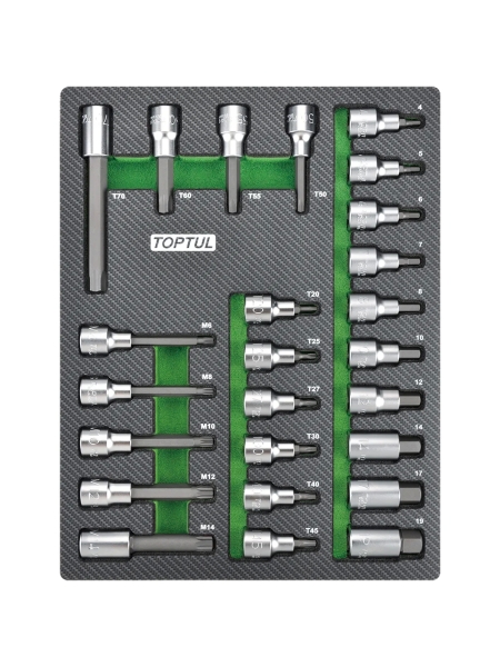 Набор головок торцевых с насадками Hex, Torx, Spline, 25 предметов, 1/2"DR, в мягком ложементе TOPTUL GEB2501