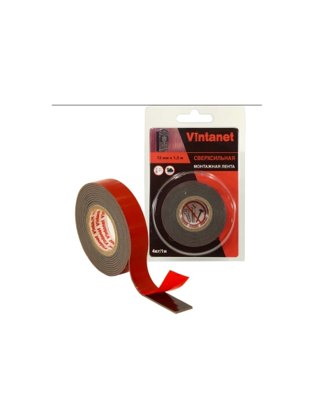 Монтажная сверхсильная клейкая двусторонняя лента Vintanet VN1146, цвет черный, 12 мм х 1,5 м VN11461215