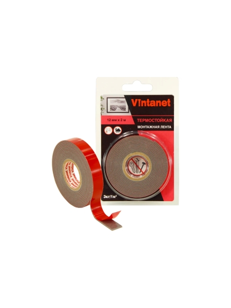Двусторонняя клейкая монтажная термостойкая акриловая лента VINTANET VN1105, 12 мм х 2 м VN1105122