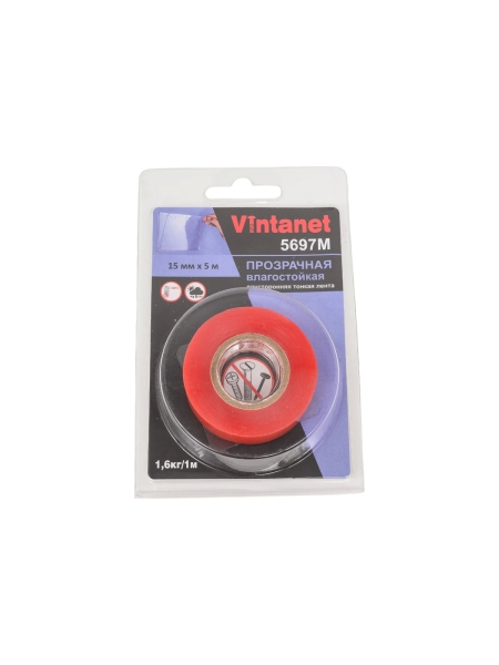 Двусторонняя лента на ПЭТ основе VINTANET 5697М, прозрачная, влагостойкая, 15 мм, 5 м 5697M 15MMX5M