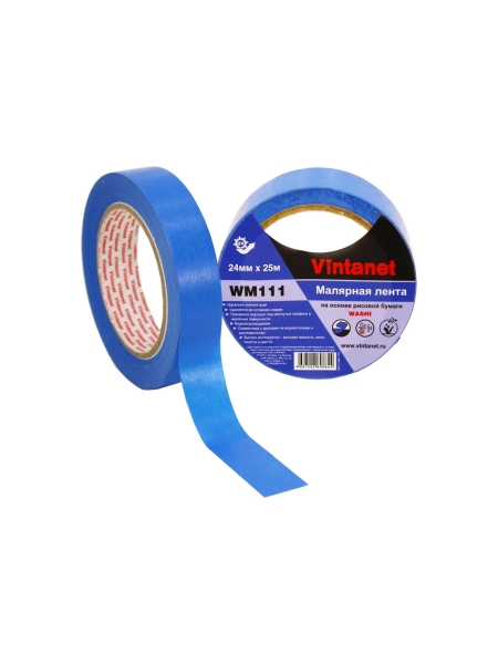 Малярная лента на основе рисовой бумаги Washi для четкого края VINTANET WM111, синяя, 24 мм х 25 м WM1112425