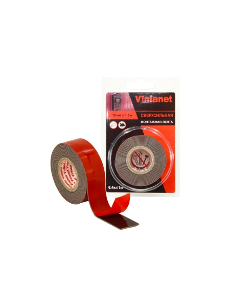 Монтажная сверхсильная клейкая двусторонняя лента Vintanet VN1146, цвет черный, 19 мм х 1,5 м VN11461915