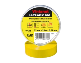 Изолента виниловая VINTANET морозостойкая ULTRAFIX180 желтая, рулон 19 мм х 20 м UF180Y1920
