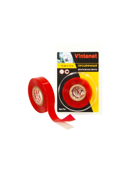 Монтажная двусторонняя клейкая лента VINTANET 135, прозрачная, 12 мм х 1,5 м VN1351215