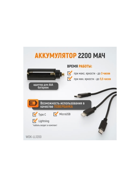 Светодиодный аккумуляторный ручной фонарь WIEDERKRAFT с плавной регулировкой фокуса, 1200 лм, 2000 мач WDK-LL1200