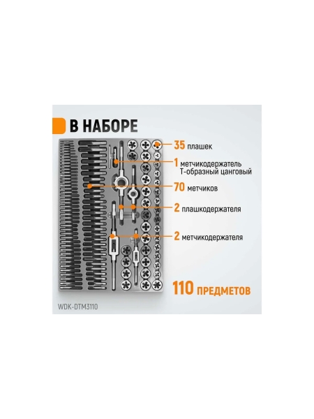 Набор метчиков и плашек М2-М18 WIEDERKRAFT 110 предметов, метрическая резьба WDK-DTM3110