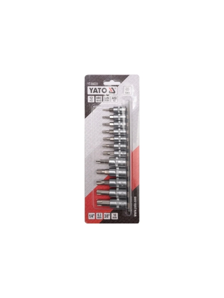Набор головок-бит YATO TORX 1/4" Т8-Т30 3/8" Т40-Т55 12 предметов на металлической планке YT-04331 371404331 092 1