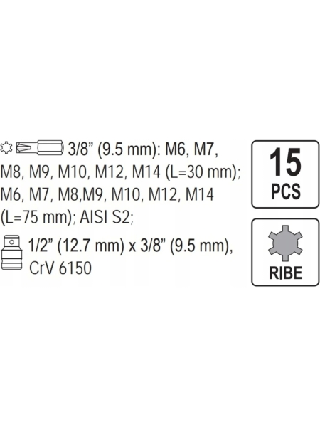 Набор бит RIBE (15 шт; 1/2; М6-М14) YATO YT-0419