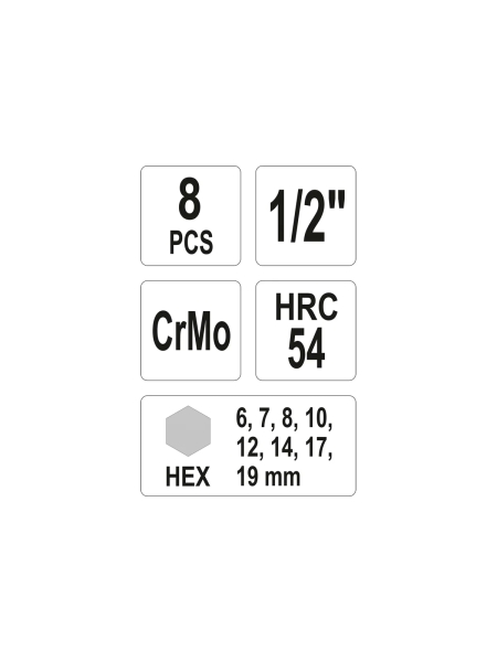 Набор ударных головок-бит YATO HEX 1/2" 8пр YT-1066 37141066 092 1