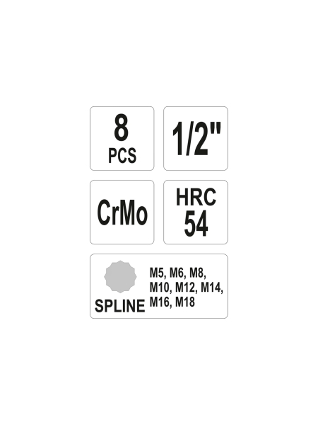Набор ударных головок-бит SPLINE 8 шт, 1/2" YATO YT-1069