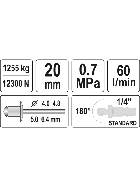 Пневмозаклепочник YATO 4.0-6.4 мм YT-36177