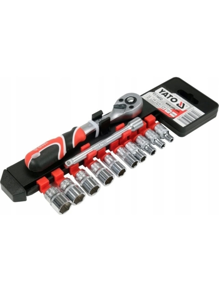 Набор торцовых головок YATO 1/4 4-13мм с трещоткой и удлинителем 12 предметов (пластиковая кассета) YT-14432