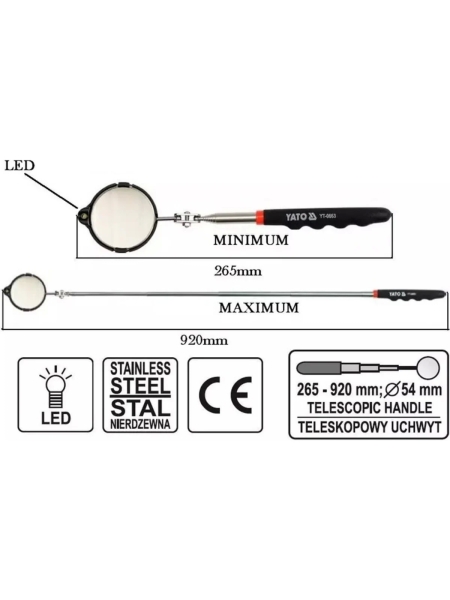 Телескопическое инспекционное зеркало YATO с подсветкой YT-0663