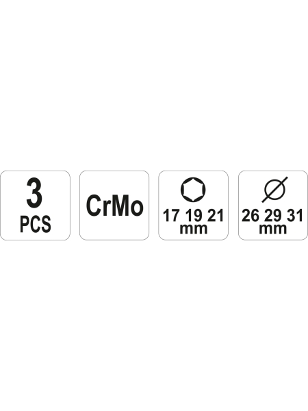 Набор торцевых головок 3 шт.: 17, 19, 21 мм, 1/2"DR для дисков YATO YT-1056 37141056 092 1