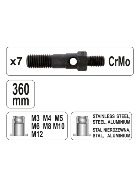 Заклепочник для резьбовых заклепок YATO М3-М12 YT-36127