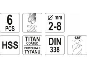 Набор сверл по металлу HSS-TiN 2-8 мм, 6 предметов YATO YT-44673