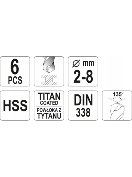 Набор сверл по металлу HSS-TiN 2-8 мм, 6 предметов YATO YT-44673